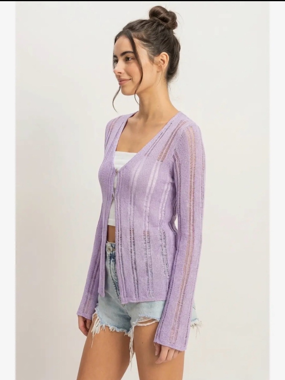 Lavender Open Knit Bell Sleeve Cardigan Boho Lightweight Sweater Various Sizes - Picture 4 of 8